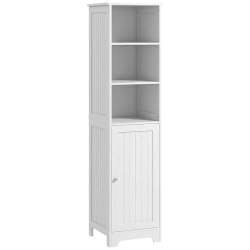 Image of HOMCOM 160cm Tall Bathroom Cabinet, Freestanding Slim Bathroom Storage Cabinet with Adjustable Shelf & 3 Open Shelves, White
