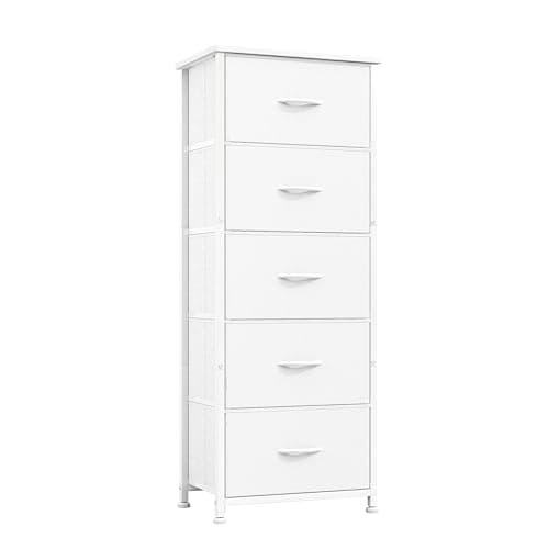 Image of CAIYUN Chest of Drawers, 5 Drawer Tall Dresser, Fabric Dresser for Bedroom Closet Entryway Hallway Nursery Bedside, Storage Organiser Unit, White