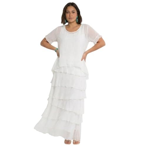 Image of Alam Exclusive Ladies Womens Italian Lagenlook Plain Short Sleeve Frill Frayed Detail Silk Midi Maxi Dress One Size (as8, Numeric, Numeric_8, Numeric_16, Regular, Regular, White)