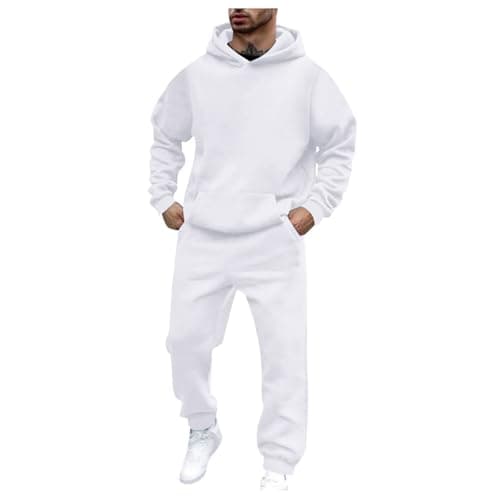 Image of Mens Tracksuit Set Long Sleeve Hooded Sweatshirt and Sweatpants Joggers Set 2 Piece Sweatsuits for Men Hooded Gym Sweatsuits Plain Yoga Pants Outfit Casual Athletic Sets (White-1, M)