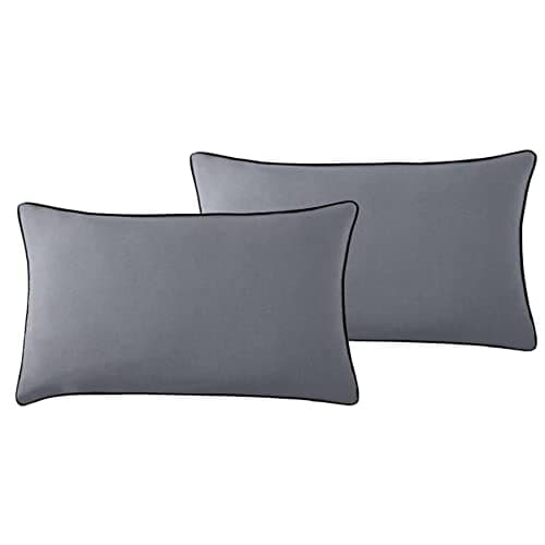 Image of Roseley 2pc Egyptian Cotton Piped Cushion Covers 400TC Plain Soft Natural Decorative Sofa Throw Cases 30 x 50cm [Grey - Black Edges]