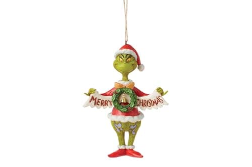 Image of Enesco Dr. Seuss Grinch by Jim Shore Santa Grinch Holding Merry Christmas Banner Hanging Ornament, Hand Crafted, Hand Painted Collectible Christmas Tree Ornaments Decor Gift, 5.25 Inch, Multicolor