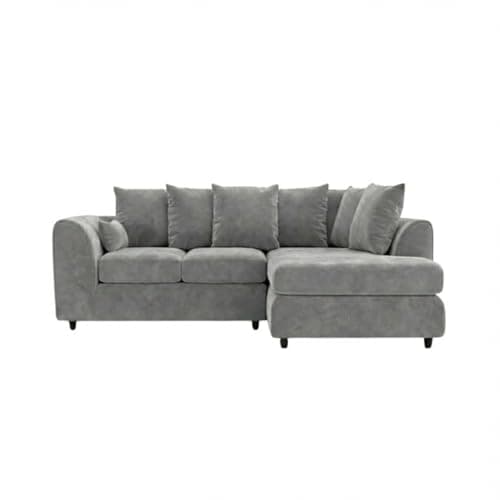 Image of Gamzo L Shaped Sofa with Solid Wood Frame – Contemporary Scatter Back Design, Cushions and Soft Curved Arms | Right Hand Plush Velvet Corner Sofa for Living Room (Light Grey)