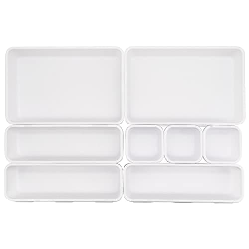 Image of JJoexyfit 8 Pack Desk Drawer Organisers, Interlocking Drawer Dividers with 3 Sizes, Versatile Storage Boxes Drawers Organizer for Kitchen, Office, Makeup, Bathroom (White)
