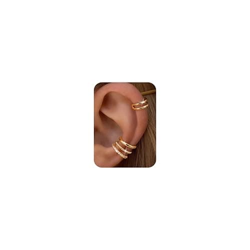 Image of Ear Cuff No Piercing for Women - 4Pairs 14K Gold Plated Non Tarnish Silver Clip On Hoop Earrings Adjustable Fake Cartilage Helix Ear Cuffs Hypoallergenic Earring Stack for Sensitive Ears Twisted Gold