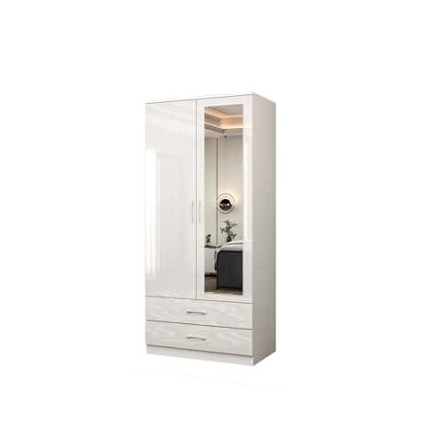 Image of GLOSSIQUE 2 Door Wardrobe – High Gloss Storage Cabinet with Mirror, Hanging Rail, Deep Drawers & Adjustable Shelves | Strong MDF Bedroom Wardrobe For Bedroom Furniture (White)