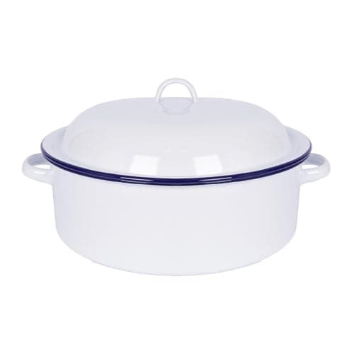 Image of Argon Tableware 30cm White Round Enamel Roaster with Blue Rim – Durable Oven & Camping Roasting Pan, Self-Basting Lid, Rustic Kitchenware for Chicken, Meat & Vegetables
