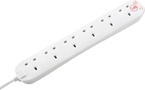 Image of Masterplug Six Socket Extension Lead, 2 Metre Cable, Surge Protection, Power and Surge LED Indicators, Unswitched, 6 Way Plug Extension Cable, Power Strip, White, 13A, 6G, 2m, SRG6210N