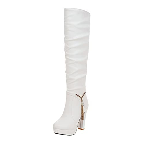 Image of Knee High Boots for Women Faux Leather Chunky High Heels Boots Platform Shoes Fashion Pointed Toe Winter Fall Boots Solid Color PU Thigh Boots UK Size 4.5-7 White