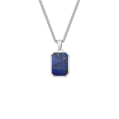 Image of IMINI Geometric Rectangle Stone Pendant Necklace for Men & Women - Unisex Stainless Steel Minimalist Personalized Jewellery, 60cm Rope Chain (Blue-Lapis lazuli)