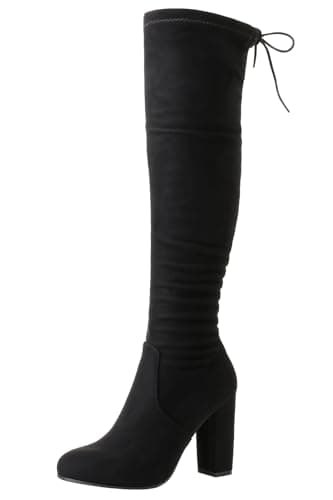 Image of Tilly London Over-The-Knee Stretch Boots, Black Faux Suede, Block Heel 10.16 cm, Wide Fit (Black, UK Footwear Size System, Adult, Women, Numeric, Medium, 5)
