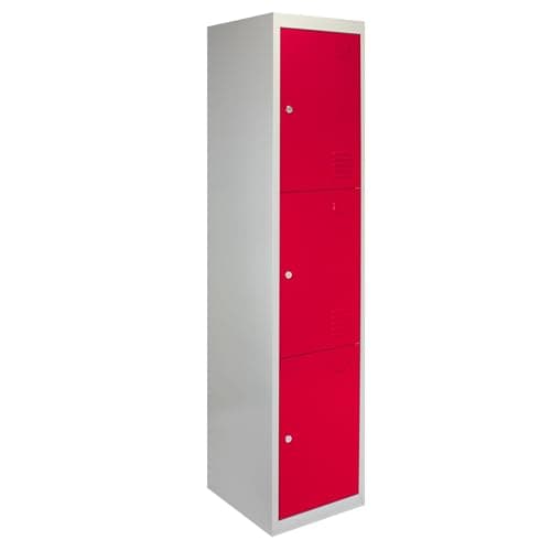 Image of Monster Shop 3 Door Metal Storage Lockers, Flatpacked Red & Grey Steel Lockable Unit, Gym Changing School Staff