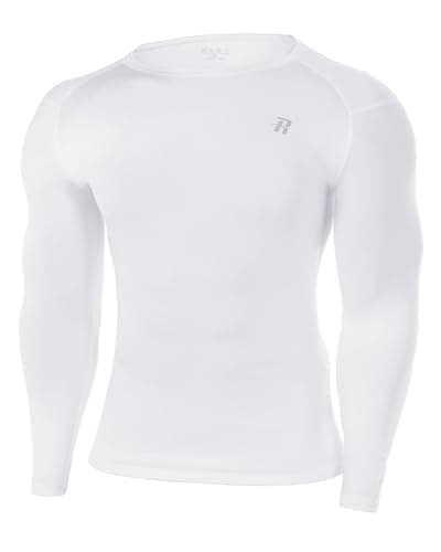 Image of Runhit Men's White Long Sleeve Compression Shirt, UPF 50+ Rash Guard Wicking Sports Undershirt, Mens Football Underlayer for Training Cycling Gym L
