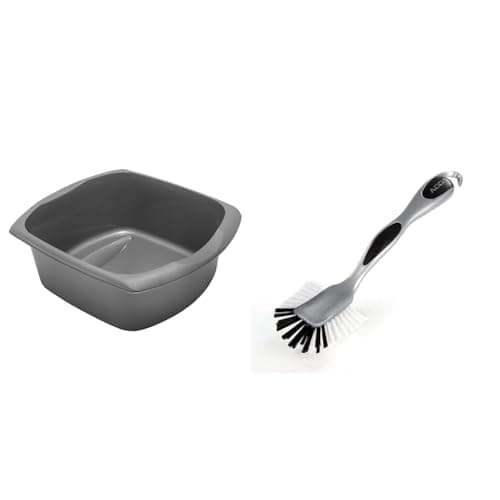 Image of Addis Rectangular Washing up Bowl, Metallic, Large, 9.5 Litre & 501120 Ultra Grip Jumbo Dish Brush Dark Grey