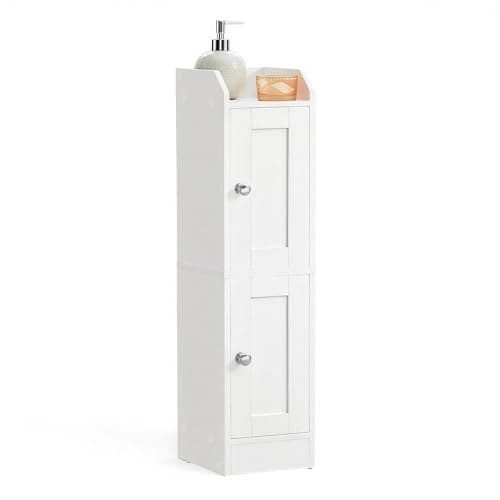 Image of VASAGLE SIREN Collection - Slim Bathroom Cabinet, Corner Floor Cabinet, Narrow Toilet Paper Storage, Adjustable Shelves, Doors Open to Left or Right, Farmhouse, Cloud White BBK312WB02