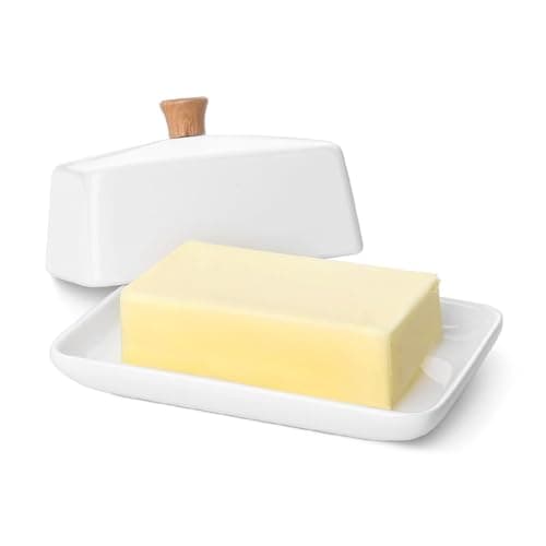 Image of Flexzion Ceramic White European Butter Dish with Lid for Countertop (7 Inch) - Wide 2 Stick Double Butter Holder for Counter, Cream Cheese Container Storage Keeper