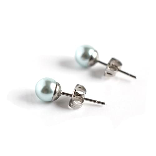 Image of 6mm Faux Pearl Stud Earrings Hypoallergenic Surgical Steel Pale Blue
