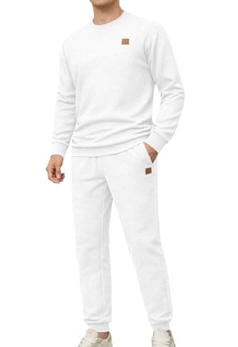 Image of KUYIGO Men's Tracksuit set Crew Neck Jumper Men Long Sleeve Casual 2 Piece Sets with Pockets Pullover Sweatshirt and Joggers White S
