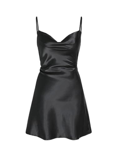 Image of CIDER Women Summer 2025 Wedding Guest Cocktail Dresses Solid Satin Cowl Neck Cami Mini Dress, Black, L