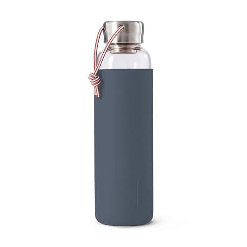 Image of BLACK+BLUM - Glass Water Bottle - Leak Proof, Lightweight Borosilicate Glass Bottle with Screw-Fit Lid, Carry Loop and Protective Sleeve - Freezer Safe, Slate - 600ml