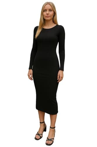 Image of STAR FASHION Women's Long Sleeve Bodycon Midi Dress Ladies Round Neck Stretchy Plain Dress Plus Size Black-12-14