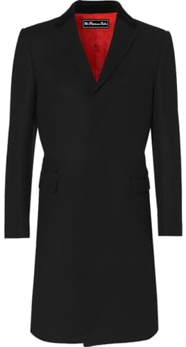 Image of The Platinum Tailor New Mens Wool Covert Overcoat Warm Winter Mod Cromby Coat with Velvet Collar & Red Satin Lining, Black, 48