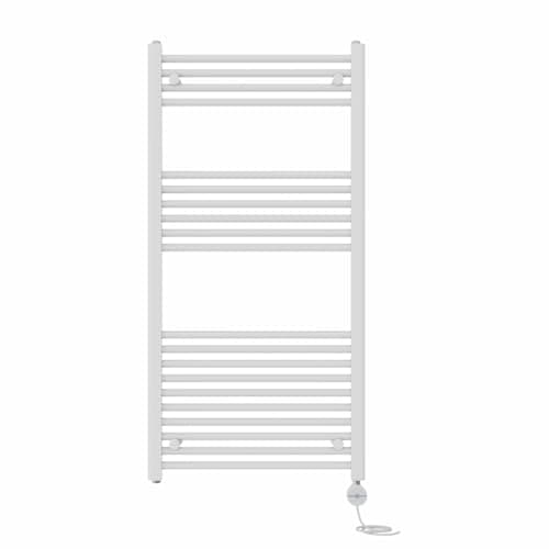 Image of NRG Prefilled Straight Electric Heated Towel Rail Radiator White Thermostatic Bathroom Warmer with Touch Screen Display 1200x600mm - 600W