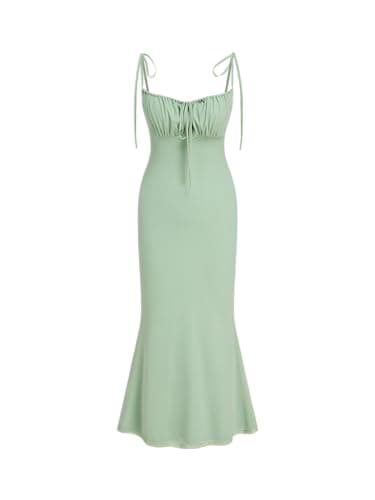 Image of CIDER Women's Summer Floral Maxi Dress Spaghetti Strap Sleeveless Bodycon Ruched Mesh Dresses 2025 Trendy, Pale Green, XS