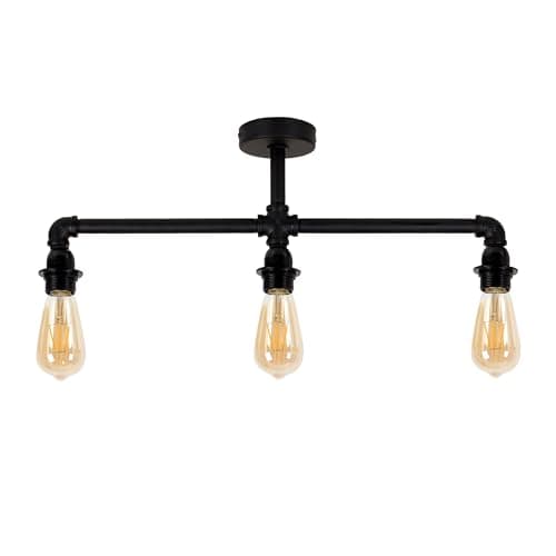 Image of MiniSun | Industrial Steampunk Style Satin Black 3 Way Bar Pipework Ceiling Light Fitting | Close-to-Ceiling Lights, Home Décor & Improvement Essential | Mains Wired