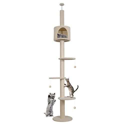 Image of ARTETHYS Floor to Ceiling Cat Tree 260cm 5 Tiers Tall Cat Tower for Indoor Cats with Scratching Post Condo Platforms for Kittens Height Adjustable, Beige