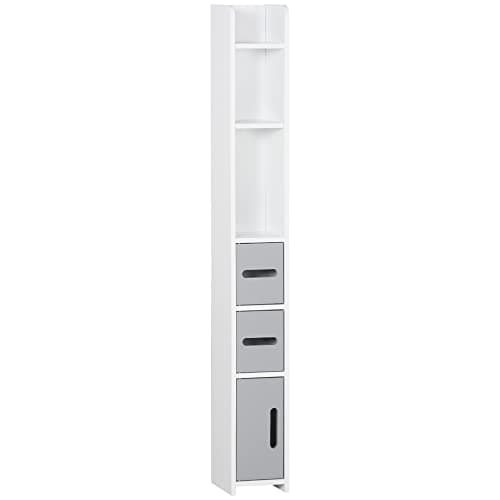Image of kleankin Modern Bathroom Storage Cabinet, Freestanding Tall Bathroom Cabinet with Open Shelves and 3 Cupboards with Door, for Bedroom Hallway, Grey