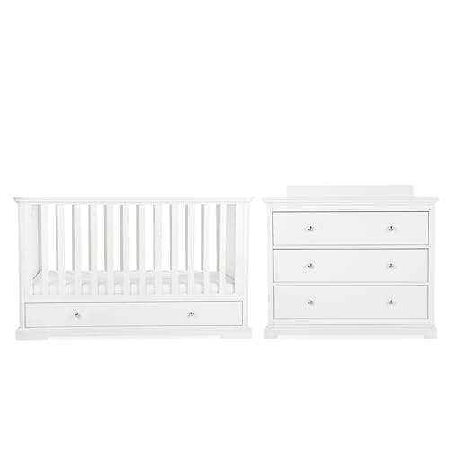 Image of CuddleCo Beaumont Nursery Furniture Set in White - Convertible Baby Cot Bed with Under-Bed Storage, Wide Dresser Changer & Triple Wardrobe With Soft-Close Runners & Chrome Handles (Standard, 2pc)