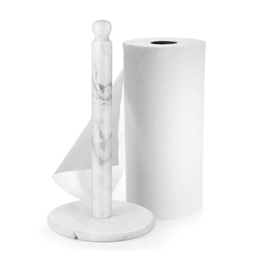 Image of Flexzion Marble Paper Towel Holder 12 inch (White) - Kitchen Countertop Paper Towel Holder Stand Rack with Roll Dispenser Pole and Weighted Marble Base for Tables Home Dining Bathroom Storage
