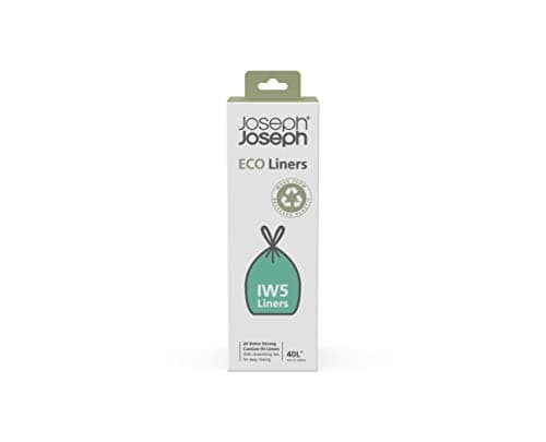 Image of Joseph Joseph IW5 Eco Recycled plastic Bin Liners, Kitchen Waste Bags With Tie Tape Drawstring Handles, Extra Strong – Pack of 20, Holds 40 Litres, Grey
