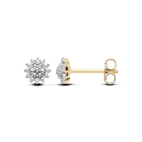 Image of Old English Jewellers 9ct Yellow Gold on Sterling Silver 925 Natural Diamond Cluster Stud Ladies Earrings - Womens Everyday Jewellery - 6.5mm Diameter - Real Diamond Jewellery
