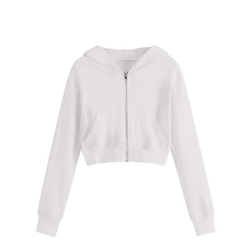 Image of duxyoz White Girls Casual Zipper Up Sweatshirts Crop Jackets For Teens Kids Long Sleeve Hooded Sweatshirt With Pockets Loose Fit Full Zip Hoodie Fashion Warm Cropped Hoodies Coat 9-10 Years