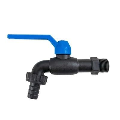 Image of 3/4" BSP Male Garden Tap Ball Valve - Nylon Water Butt Tap with Blue Lever, Hose Tail Outlet Spout for Rainwater Tank Container and Irrigation Systems, Black Outdoor Tap Fitting