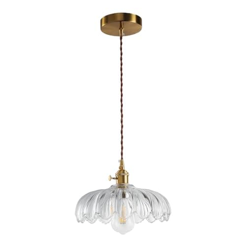 Image of XZHGCEE Glass Pendant Light Fixture with Clear Flower Shade: Vintage Hanging Lights for Kitchen, Dining Room, Bedroom - Rotating Switch & 33-168cm Adjustable Height