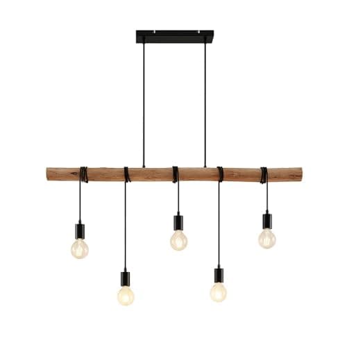 Image of Lindby Pendant Light Hanging Made of Wood and Rope, Black Brown 5 Lights x E27 Modern with Wooden Beam Lamp DIY Adjustable Height Bulbs Not Included