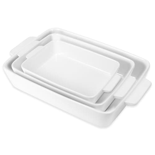 Image of 3 Pcs Ceramic Casserole Dishes Set, Rectangular Ceramic Baking Dishes Set with Handles, White Deep Lasagna Pan, Porcelain Baking Pan Set for Cooking Roasting Oven (2.2L/ 1.4L/ 1.3L)