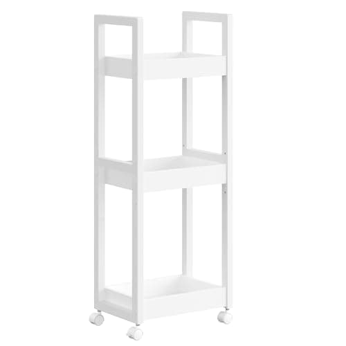 Image of SONGMICS Small Shelf Storage Unit on Wheels, Bathroom Trolley, Slim Kitchen Shelf, 3-Tier Storage Caddy, Bamboo, Space-Saving, 20 x 30 x 80 cm, White BCB083W01