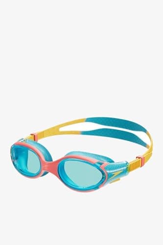 Image of Speedo Unisex Kids Biofuse 2.0 SwiMing Goggles | Patented Easy Adjustment | Anti-fog | Anti-leak | Enhanced Fit | Improved Comfort, Coral Beach/Bolt/Blue Lens, One Size