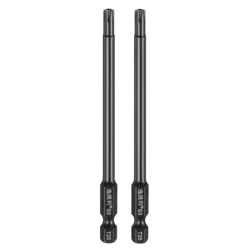 Image of sourcing map 2pcs T25 Security Torx Head Screwdriver Bit 1/4" Hex Shank 4" (100mm) Long Magnetic Tamper Proof 6 Point Star Screw Driver Drill Bit S3 Steel Mirror Polished Power Tool with Hole