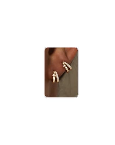 Image of HANLI Gold Huggie Hoop Earrings for Women Trendy 14K Gold Plated Hypoallergenic Cubic Zirconia Dainty Double Hoops Star CZ Earring Fashion Jewellery