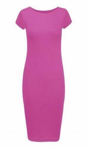 Image of Prime fashions Womens Ladies Plain Bodycon Short Cap Sleeve Maxi/Midi Dress Round Neck Casual, Hot Pink, M-L (12-14)