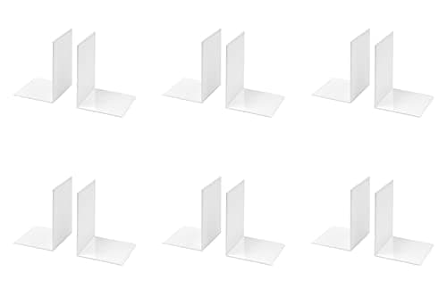 Image of OSCO Plastic Bookends with Clear Rubber Pads Non Slip, Stylish Plastic Book Supports for Desk, Office, Shelf, Home, Modern Design, H17.2 x W12 x D12 cm, 6 Pair, White (Medium)