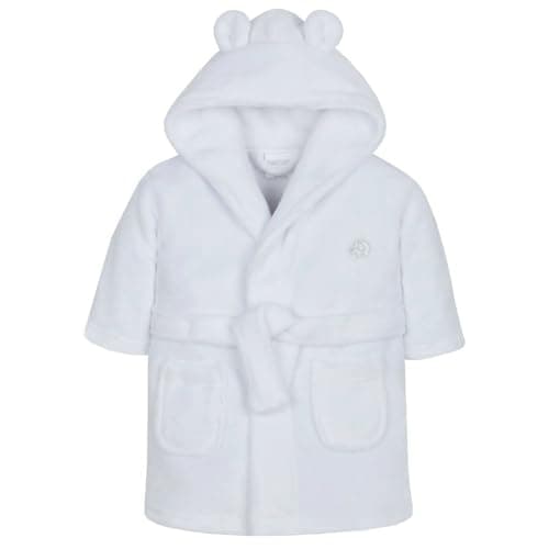 Image of Baby Boys & Girls Unisex Dressing Gown (Ages 6-24 Months) Soft Plush Flannel Fleece Hooded Bath Robe, White, 12 - 18 Months