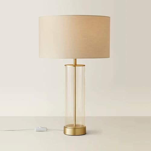 Image of MiniSun | Contemporary Matt Gold & Clear Tube Table Lamp with a Beige Cylinder Shade | Home Décor, Bedside & Desk Lamp