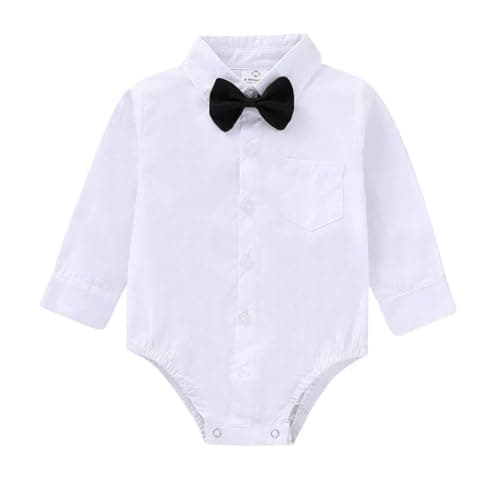 Image of OPAWO White Baby Shirt Soft 100% Organic Cotton Long Sleeve Baby Vests Tie and Shirt Unisex Baby Bodysuit for Wedding Suit Christening Outfit Birthday Party Photo Shoot (White L,12-18 Months)