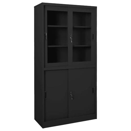 Image of GeenYuu Office Cabinet with Sliding Door, Anthracite, Steel and Tempered Glass, 90 x 40 x 180 cm, with 3 Adjustable Shelves, Locks, Locker for Office, Workshop, Basement, Hallway, Utility Room